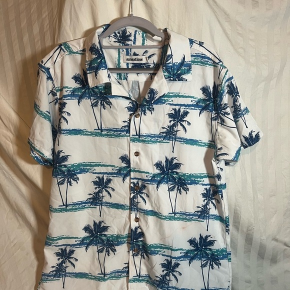 Sunsations Other - Sunsations Kids Small White Blue Palm Tree Stripe Short Sleeve Button Down Shirt
